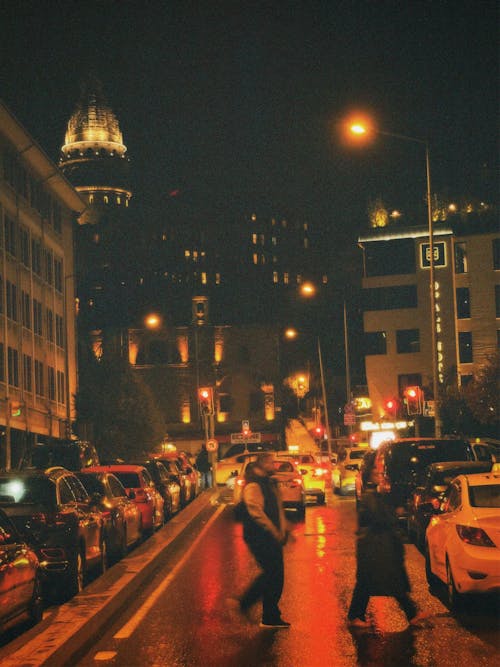 Traffic on Street in City in Turkey at Night
