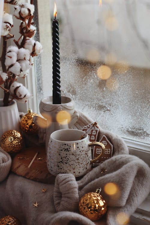 Winter Home Decor with Candle and Cotton Plant