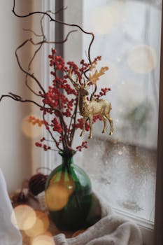 Aesthetic winter window decor featuring a gold reindeer ornament and red berries in a green vase.