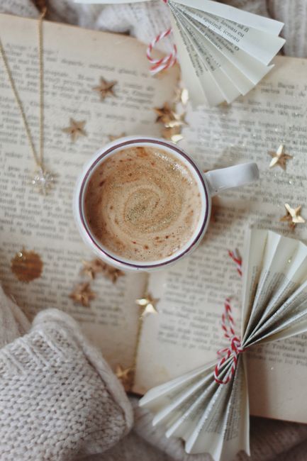 Warm and inviting flat lay of hot chocolate over an open book with festive paper ornaments.