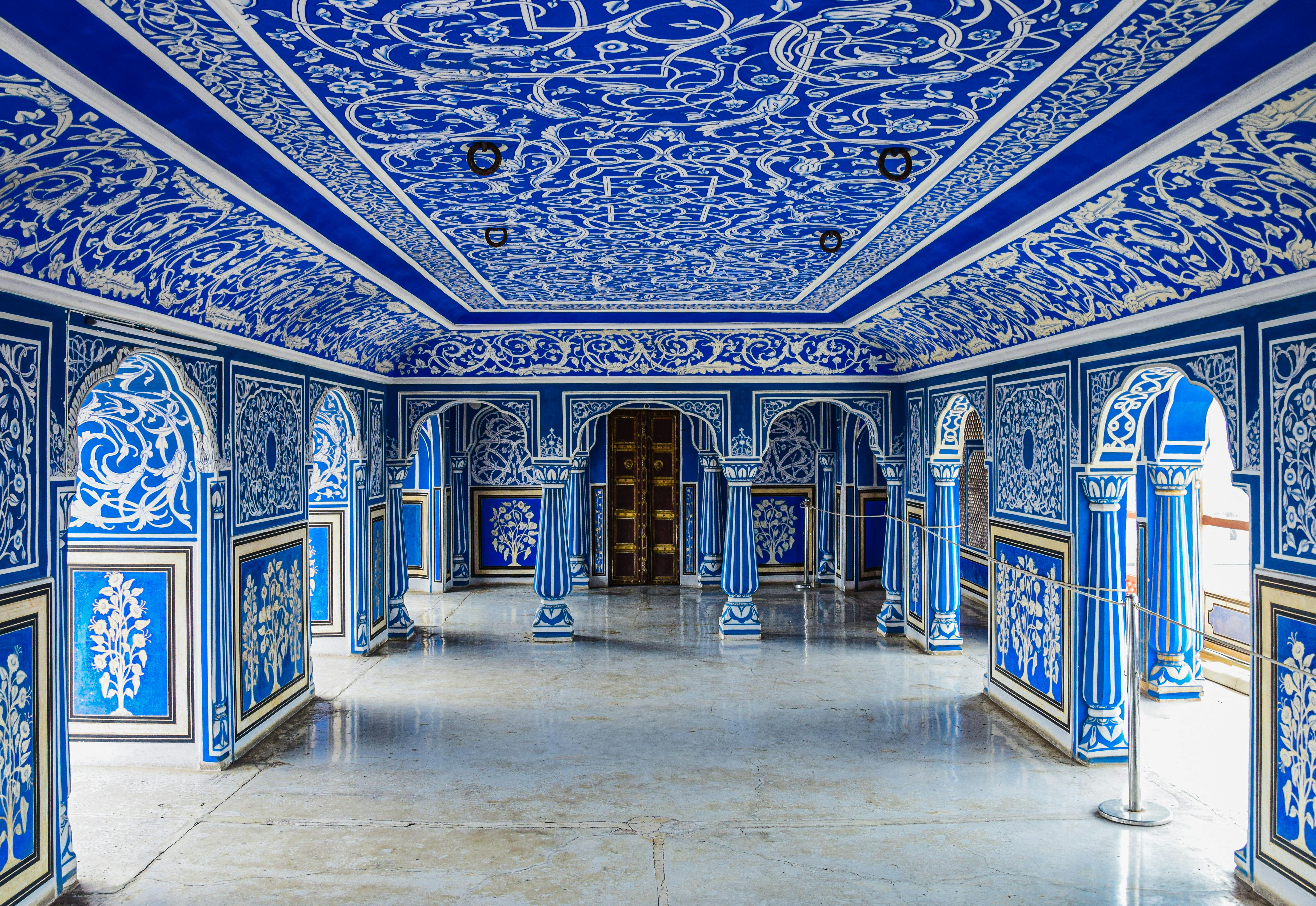 blue mosaics in the city palace in jaipur in india