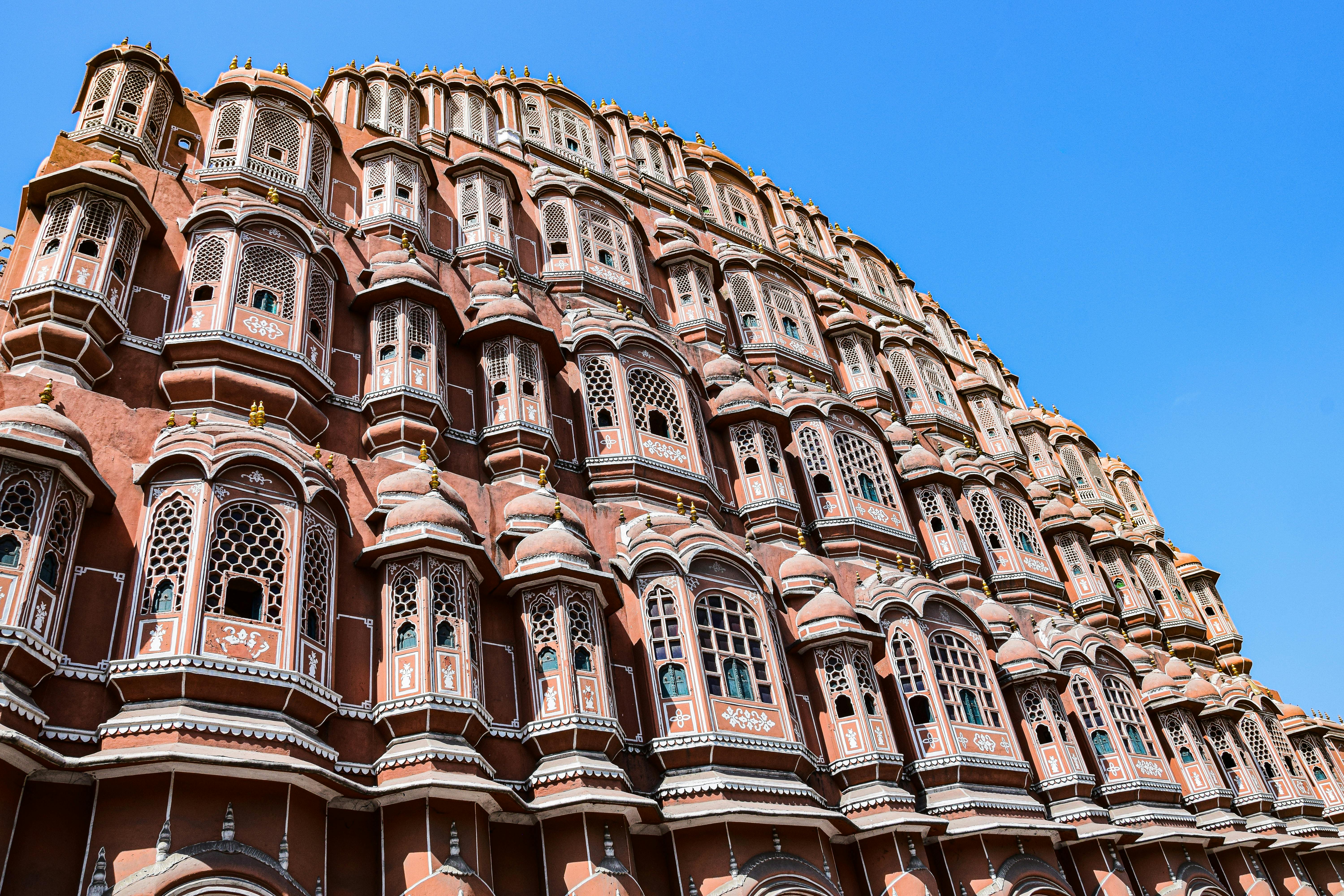 Intricate facade of Hawa Mahal, a landmark in Jaipur, India.