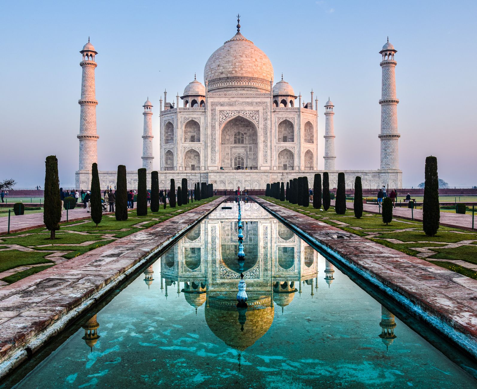 taj mahal agra india sunrise reflection pool white marble mughal