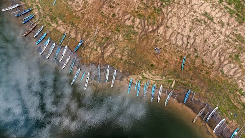 Drone Shot of Boats Moored on the Shore 