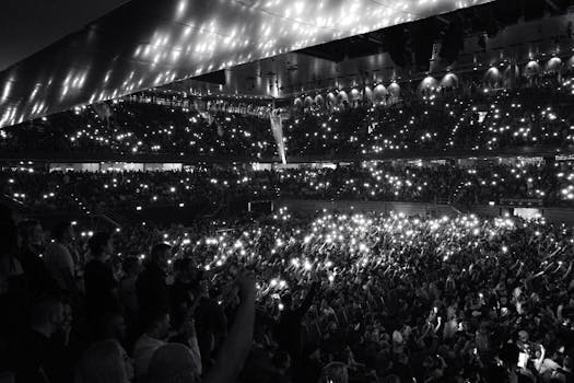 Grayscale image of an energetic concert audience holding lights at a Berlin stadium.