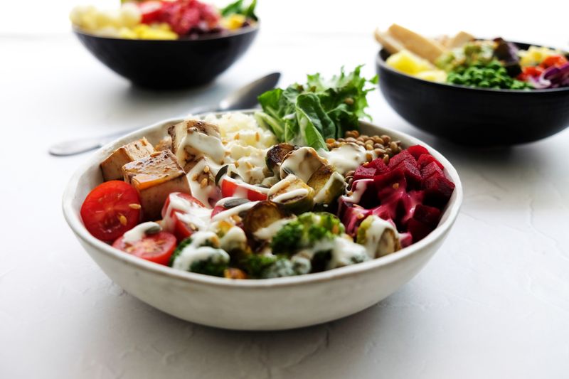 Vibrant vegan Buddha bowl with fresh vegetables