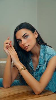 Young woman in a denim vest sitting at a table, displaying a serene expression.