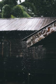 雨水从生锈的金属屋顶上闪闪发光地落下，营造出一种阴郁而富有氛围的场景