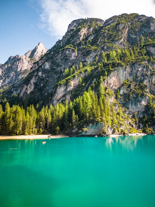 Panorama of a Mountain Lake with Turquoise Water, Pragser Wildsee, Italy