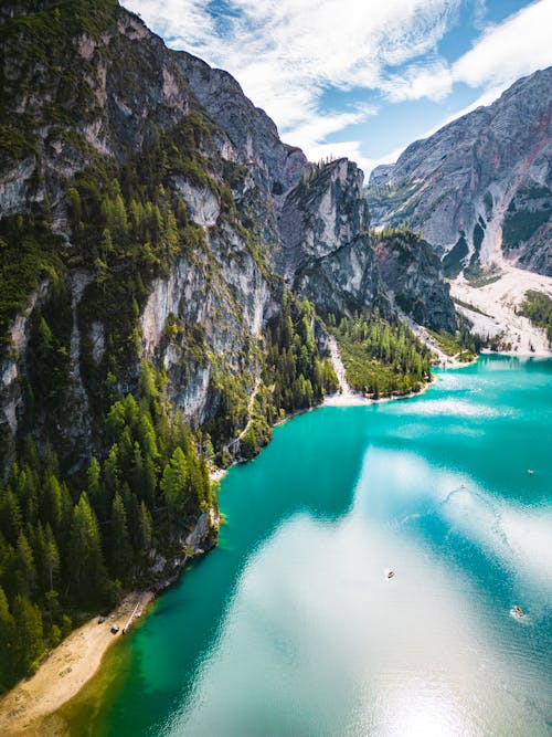 Scenic Panorama of Dolomites Mountains around Pragser Wildsee Lake, Italy