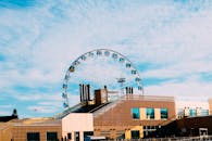 清澈的蓝天下，高耸的摩天轮映衬着城市景观