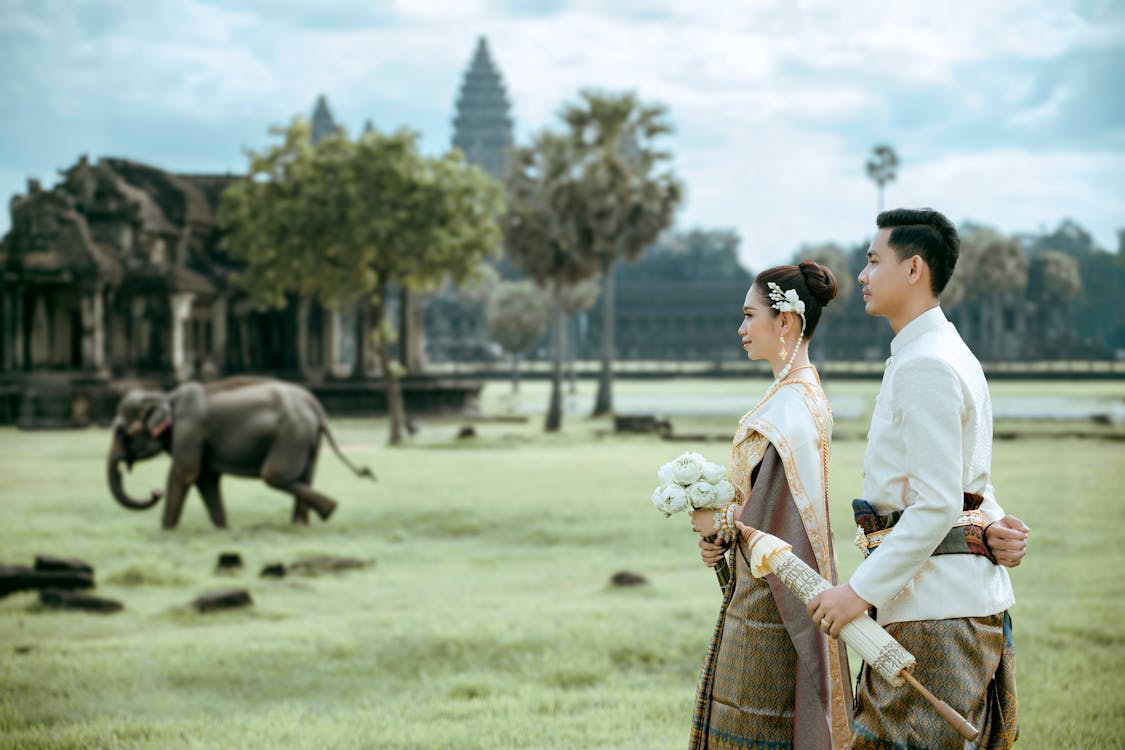 A couple in traditional attire standing in front of an elephant · Free ...