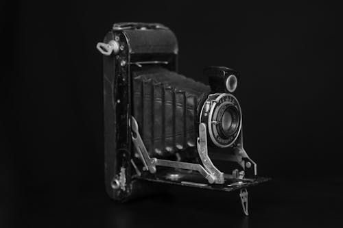Black and White Photo of Vintage Camera