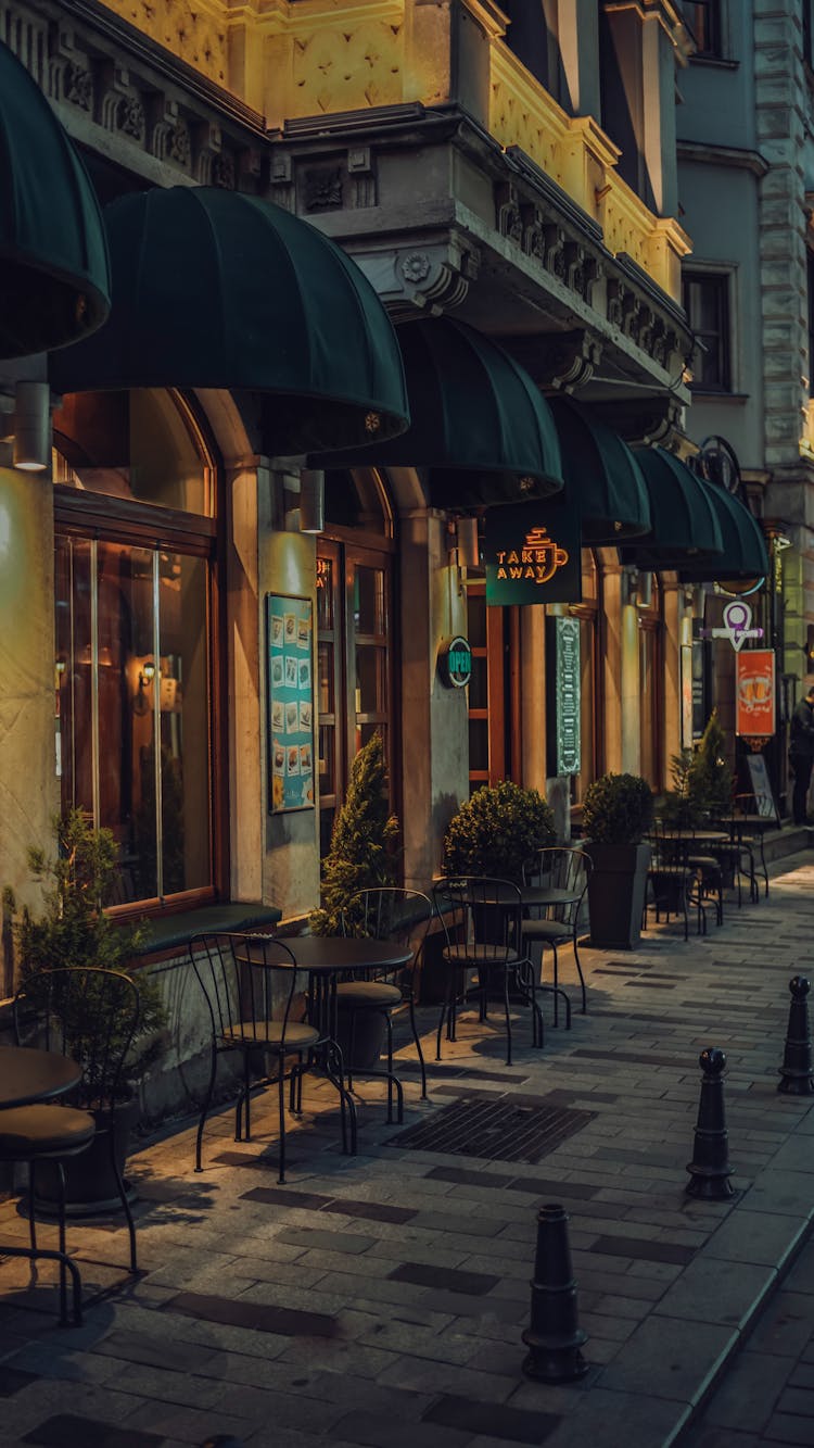 Empty Cafe Tables On Sidewalk In Istanbul