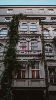 Low angle shot of an ivy-covered residential building in an urban setting with vintage architecture.