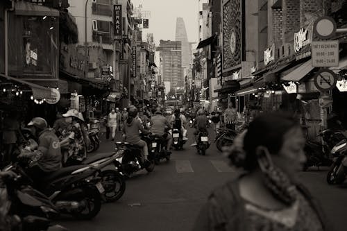 Black and White Photo of a Busy Street in a City in Vietnam 