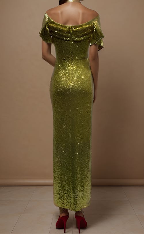 Gold Sequinned Off-shoulder Floor Length Dress - Vira By Mariam Hopkins Collection