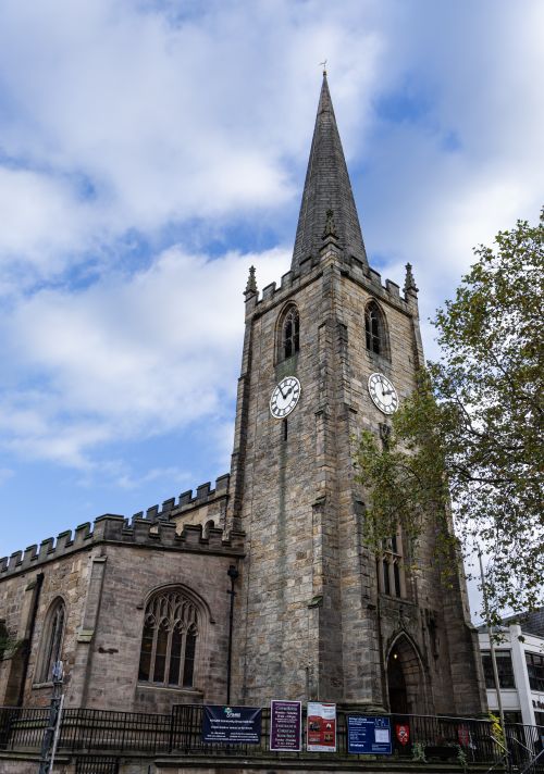 Free St. Peter's Church in Nottingham with clock tower under a cloudy sky. Stock Photo