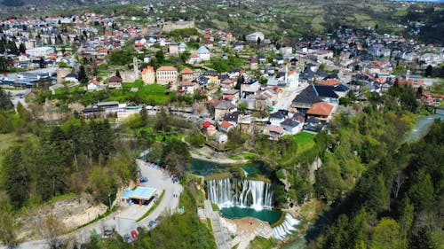 Aerial View of the Historic Town and Waterfall of Jajce