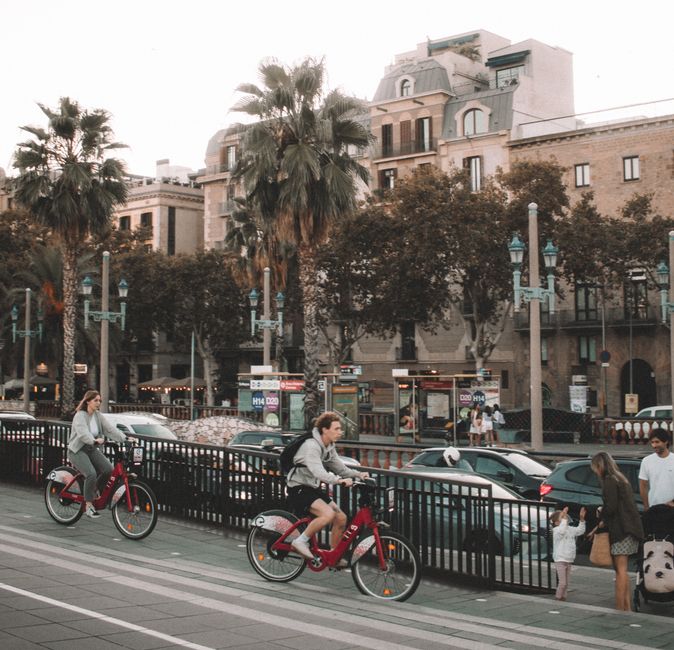 Personas ciclando por las vibrantes calles de Barcelona con palmeras y arquitectura urbana de fondo.