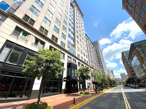 Vibrant cityscape capturing the modern architecture of Reston, Virginia on a sunny day.