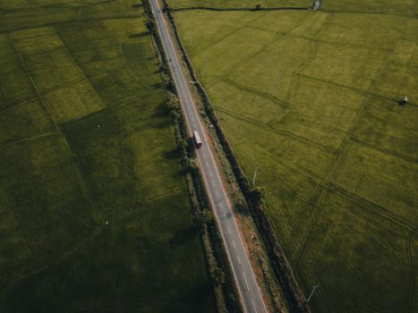 Aerial shot showcasing a road cutting through lush green fields in Sammanthurai, Sri Lanka.
