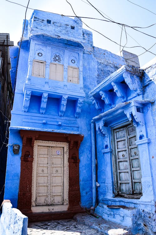 Blue House Wall in Town in India