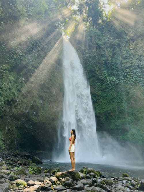 Woman in Front of a Waterfall in a Forest