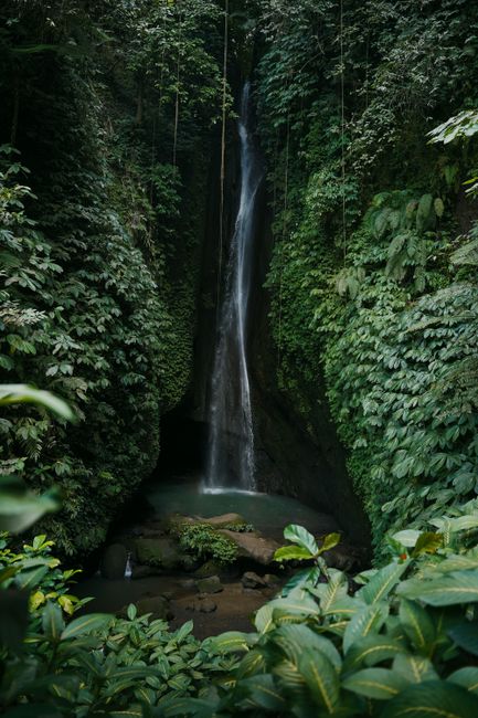 Discover the serene beauty of Leke Leke Waterfall surrounded by lush jungle in Bali, Indonesia.