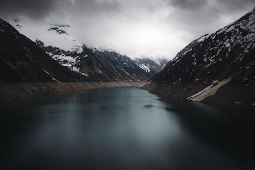 A lake in the mountains with snow on it