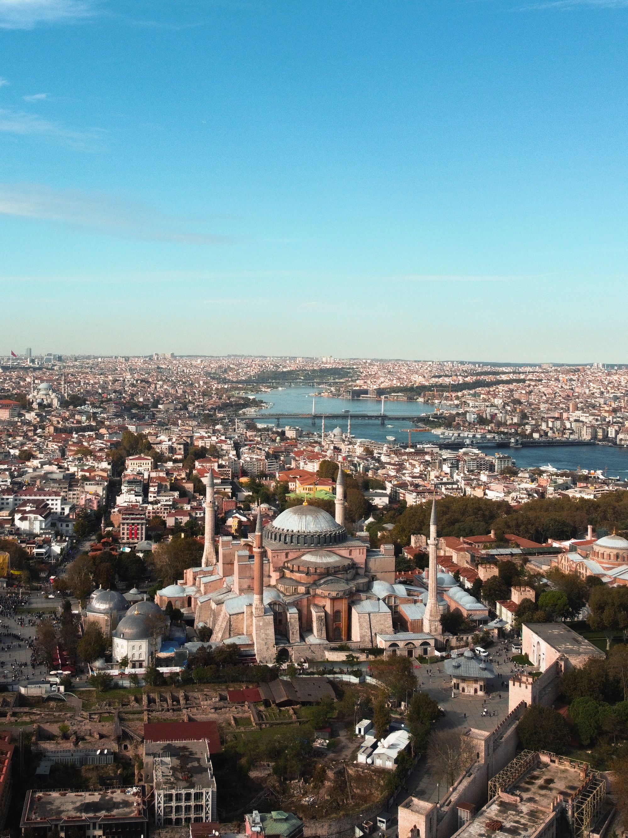 Aerial View of Hagia Sophia Mosque under Blue Sky in Istanbul, Turkey ...