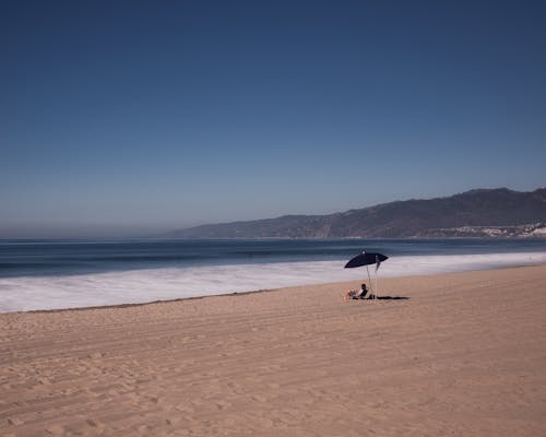 A Person Sitting Alone under an Umbrella on a Beach 