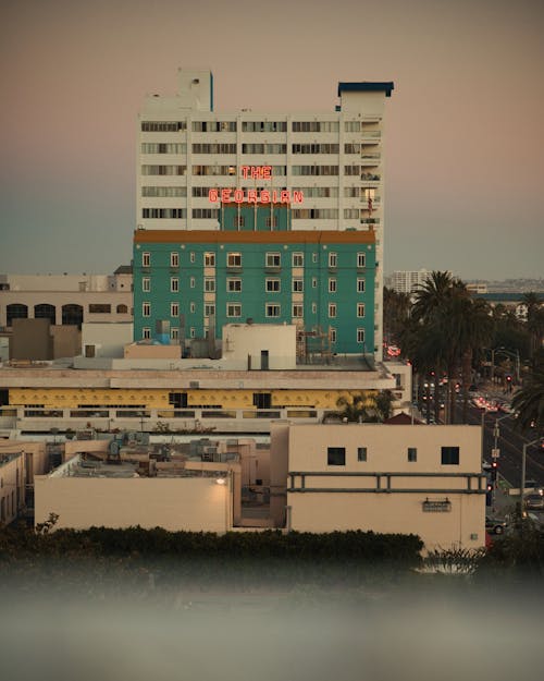 View of the Georgian Hotel in Los Angeles at Sunset