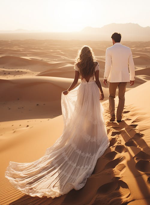 Newlyweds on Desert at Sunset