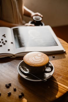 Relax with a cappuccino in a sunlit café, perfect for reading and unwinding.