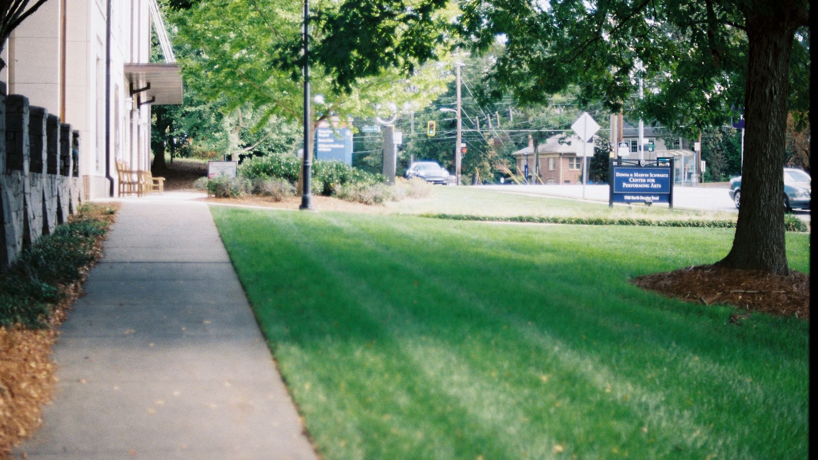Plain concrete footpath running beside a mown lawn under shady trees