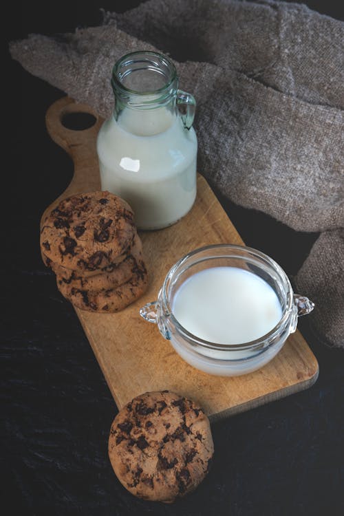 Cookies and Milk on a Wooden Tray 