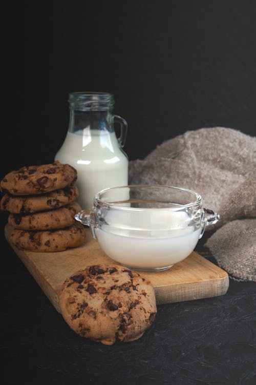 Cookies and Milk on a Wooden Tray