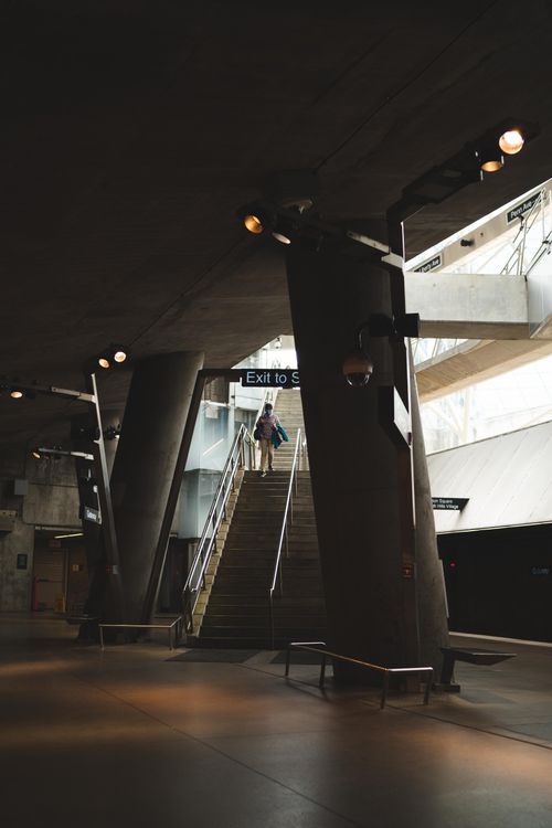 Free A modern underground station in Pittsburgh with unique architectural pillars and stairs. Stock Photo