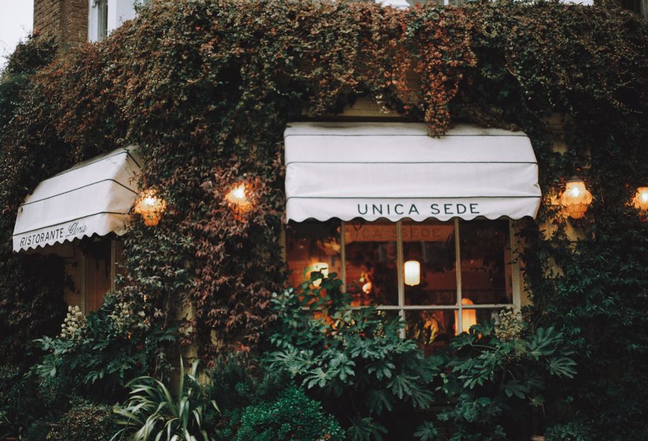 Quaint London restaurant with ivy-clad facade and glowing lights in a cozy atmosphere.