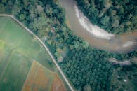 从鸟瞰图可以看到，郁郁葱葱的绿色农田和一条蜿蜒的河流穿过茂密的森林