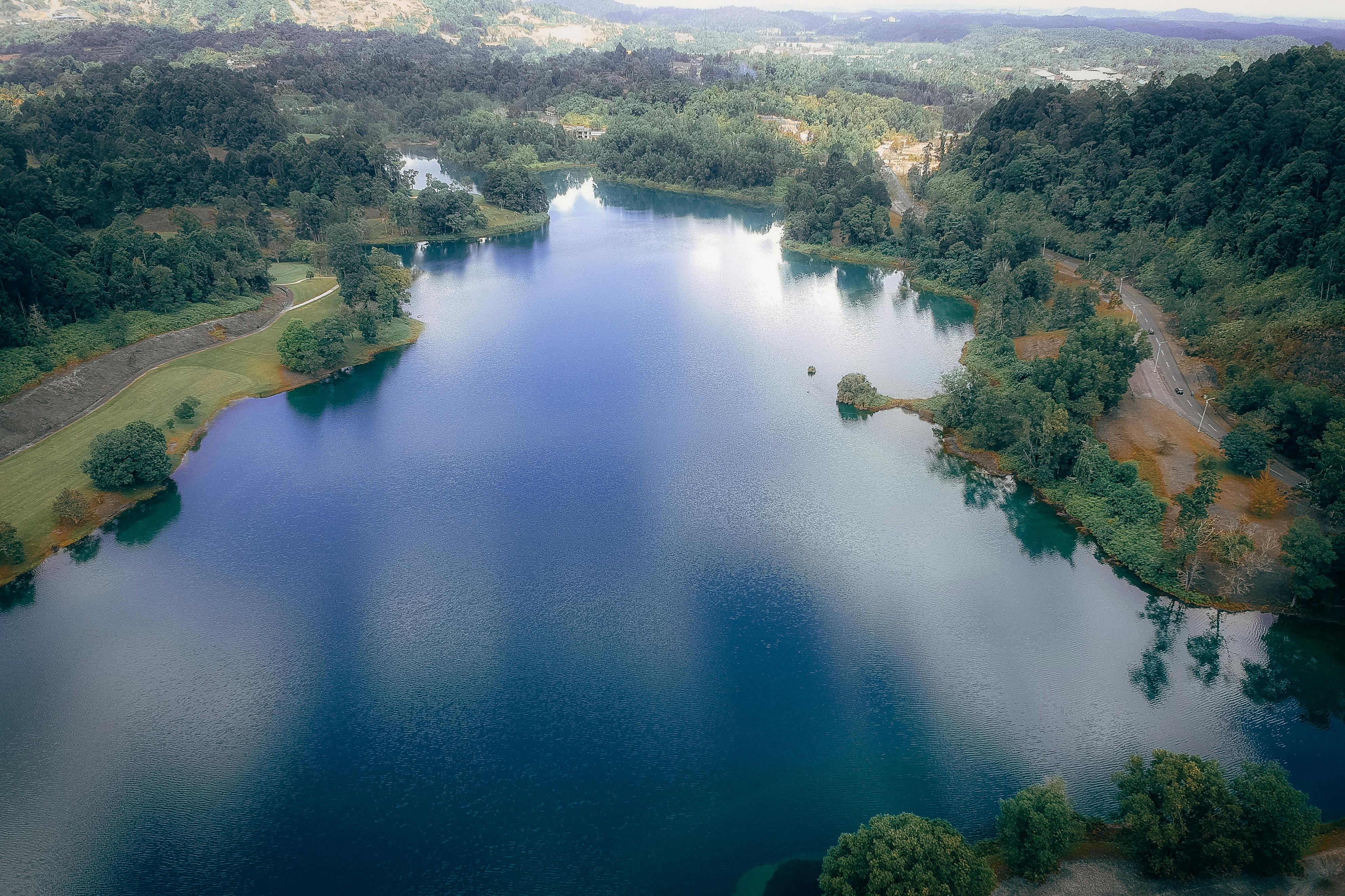 Aerial View Photography of Lake Near Trees \u00b7 Free Stock Photo