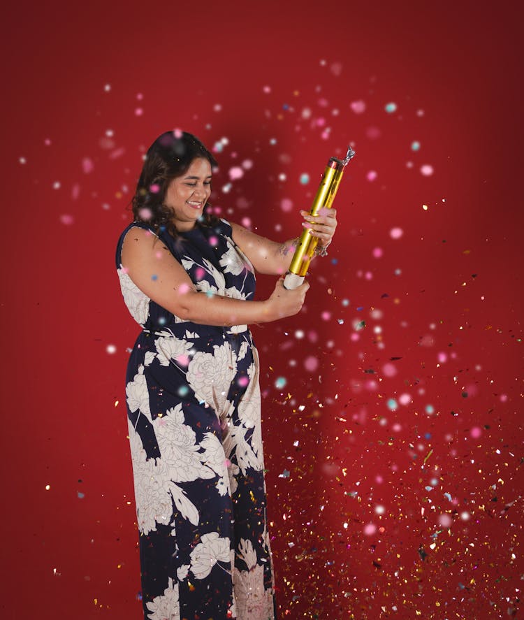 Woman Wearing Flower Dress With Confetti