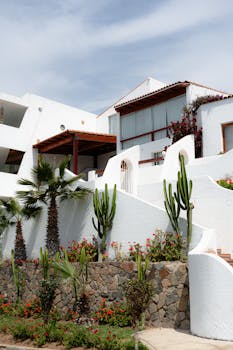 Contemporary villa exterior with cacti and palm trees, ideal for luxury living.