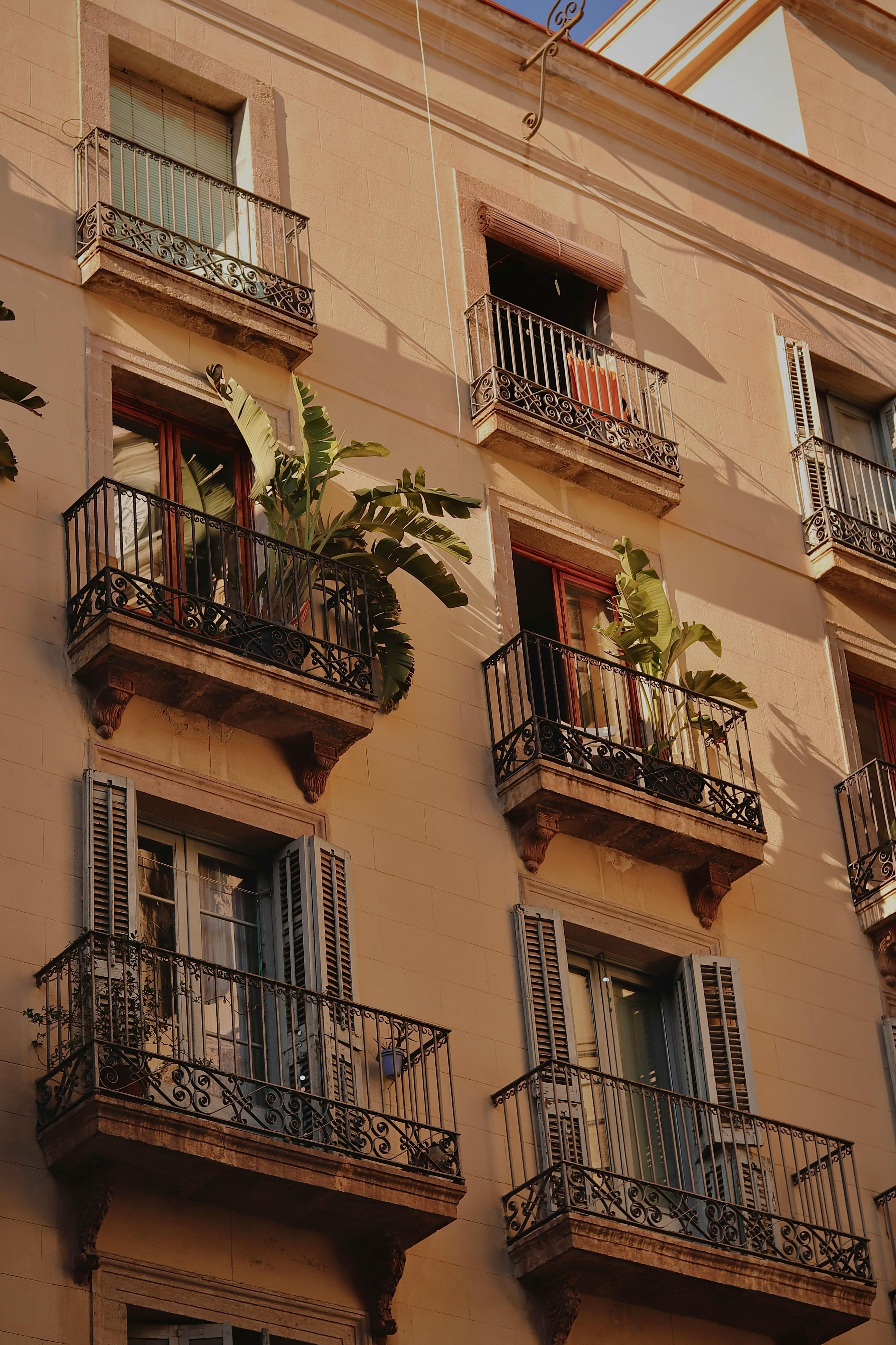 Elegant apartment building with lush plants on sunlit balconies, creating a welcoming urban atmosphere.