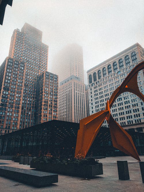Fog over Skyscrapers and Calders Flamingo in Chicago