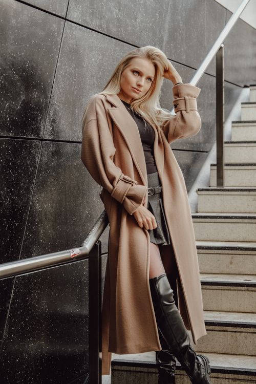 Short wool coat with mini skirt and tights