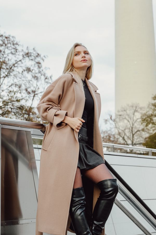 Camel coat over work dress outfit