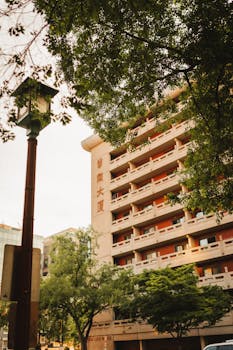 Urban residential building in Chinatown with green tree and vintage lamp post.