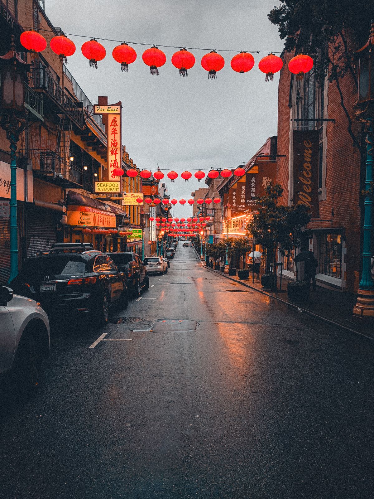 Decorative red paper lanterns hanging over the street in San Francisco Chinatown
